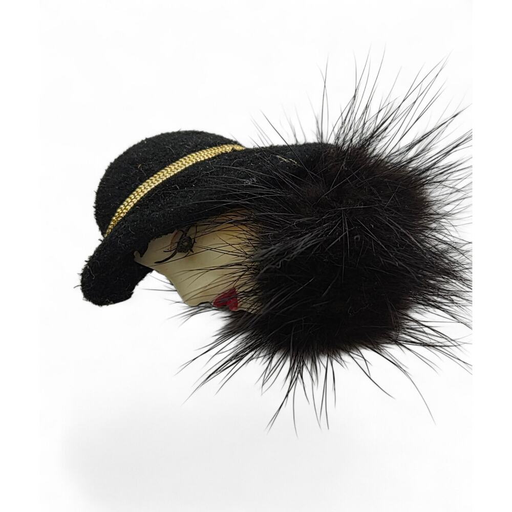 Vintage Lady Face Fur Hat Brooch Black Glam  Gold Tone